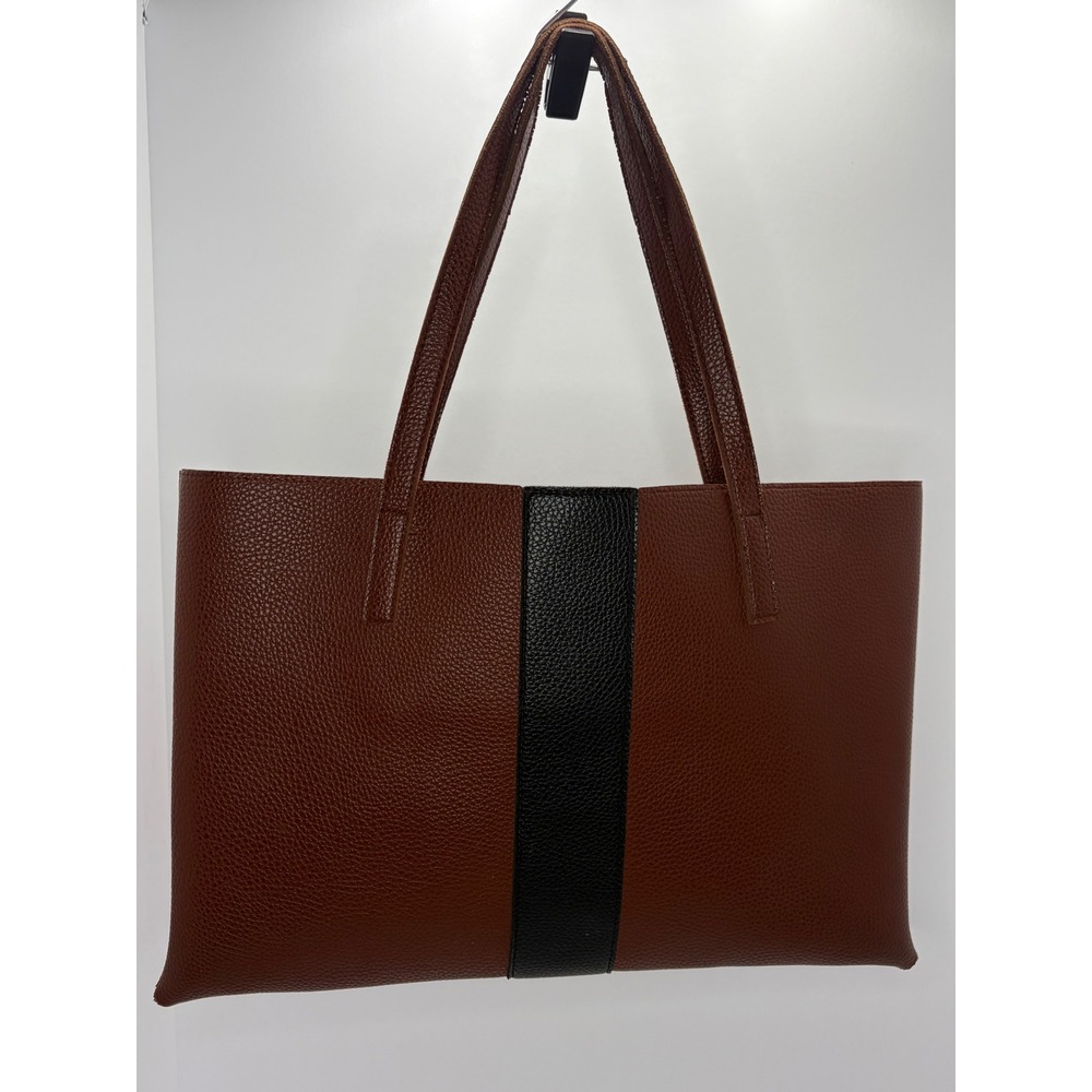 Vince Camuto Brown Pebbled Leather Tote Bag Black Stripe Racing Stripe Large